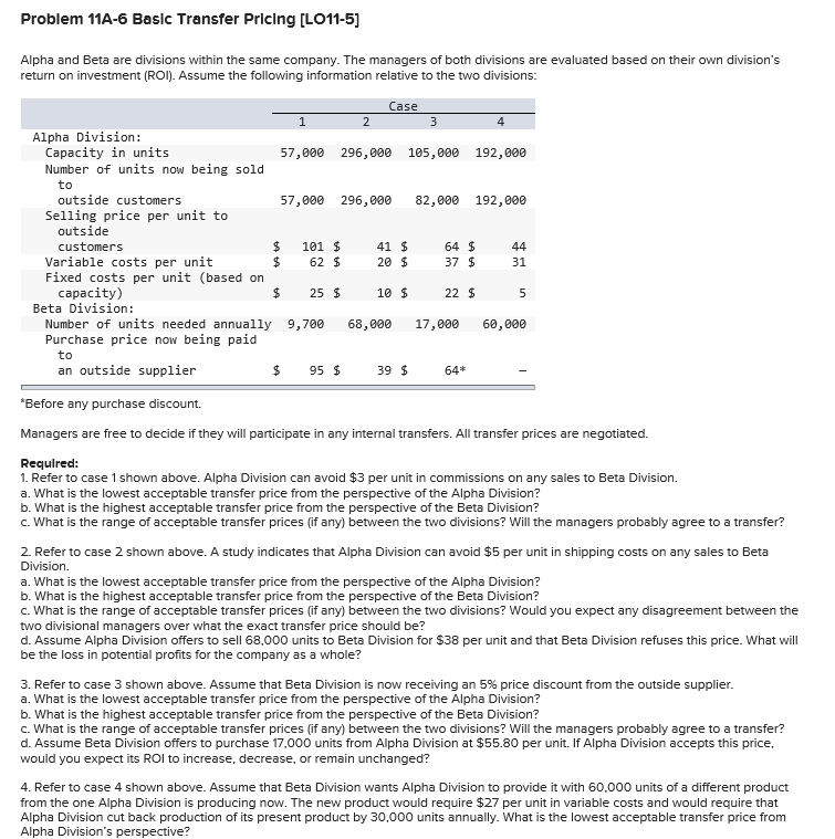  Problem 11A-6 Basic Transfer Priclng [L011-5] Alpha and Beta are divisions