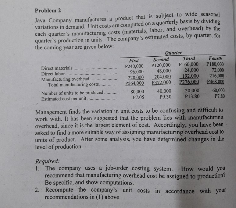Problem 2 Java Company manufactures a product that is subject to