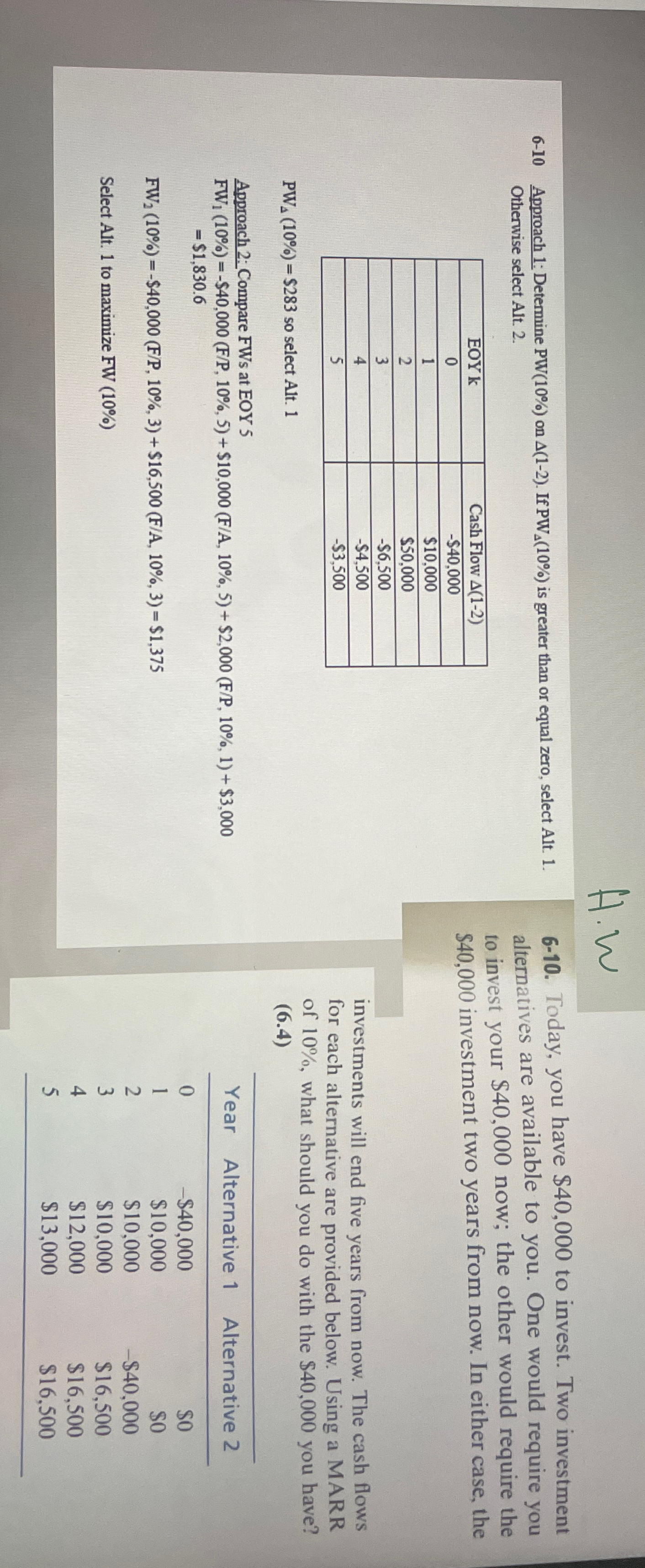  6-10 Approach 1: Determine PW(10%) on (1-2). If PW(10%) is greater