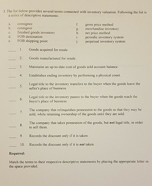 3. The list below provides several terms connected with inventory valuation.