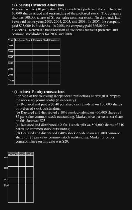  5. (4 points) Dividend Allocation Durden Co. has $10 par value,