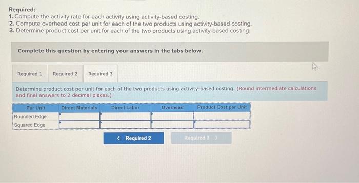of the two products using activity-based costing. Complete this question by entering
