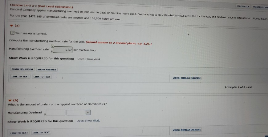 CALCULATOR PLINTER VERSE Exercise 14-5 a-c (Part Level Submission) Concord Company