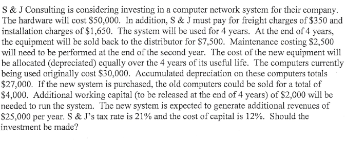 S&J Consulting is considering investing in a computer network system for