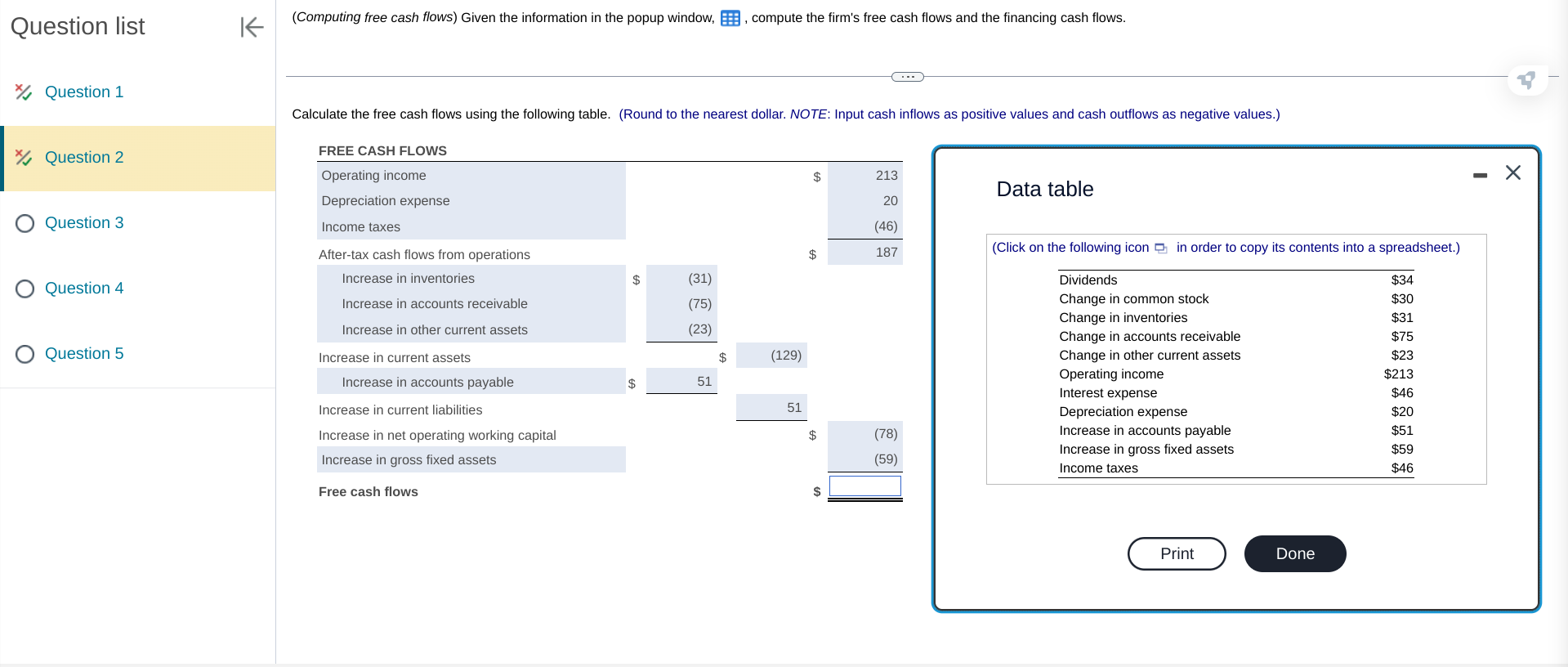  (Computing free cash flows) Given the information in the popup window,