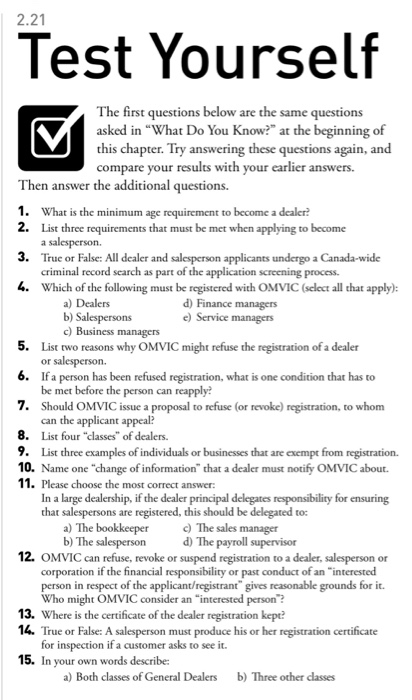  Test Yourself The first questions below are the same questions asked