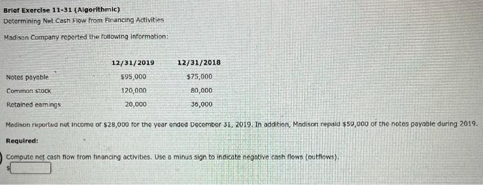  Briet Exercise 11-31 (Algorithmic) Dotermining Net Cash flow from Financing Activities: