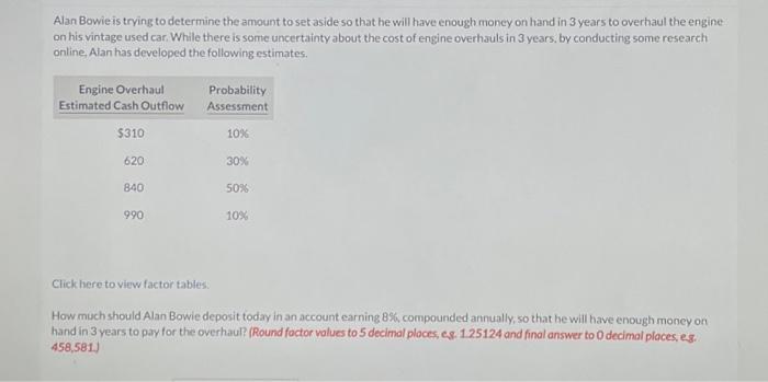  Alan Bowie is trying to determine the amount to set aside