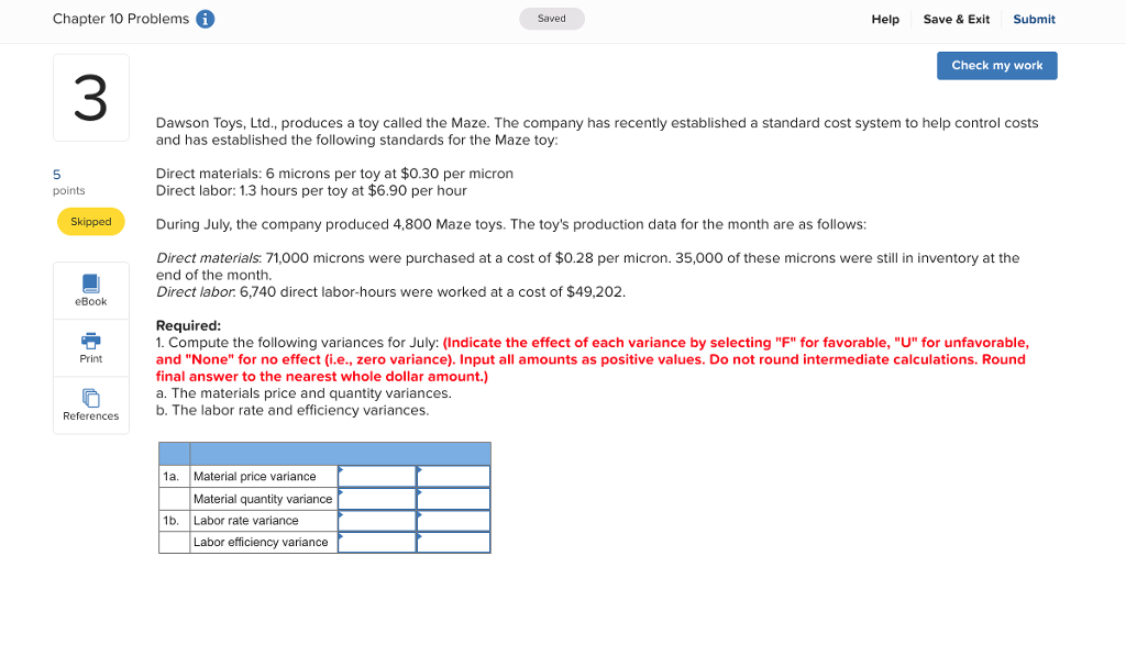  Chapter 10 Problems Saved Help Save & Exit Submit Check my