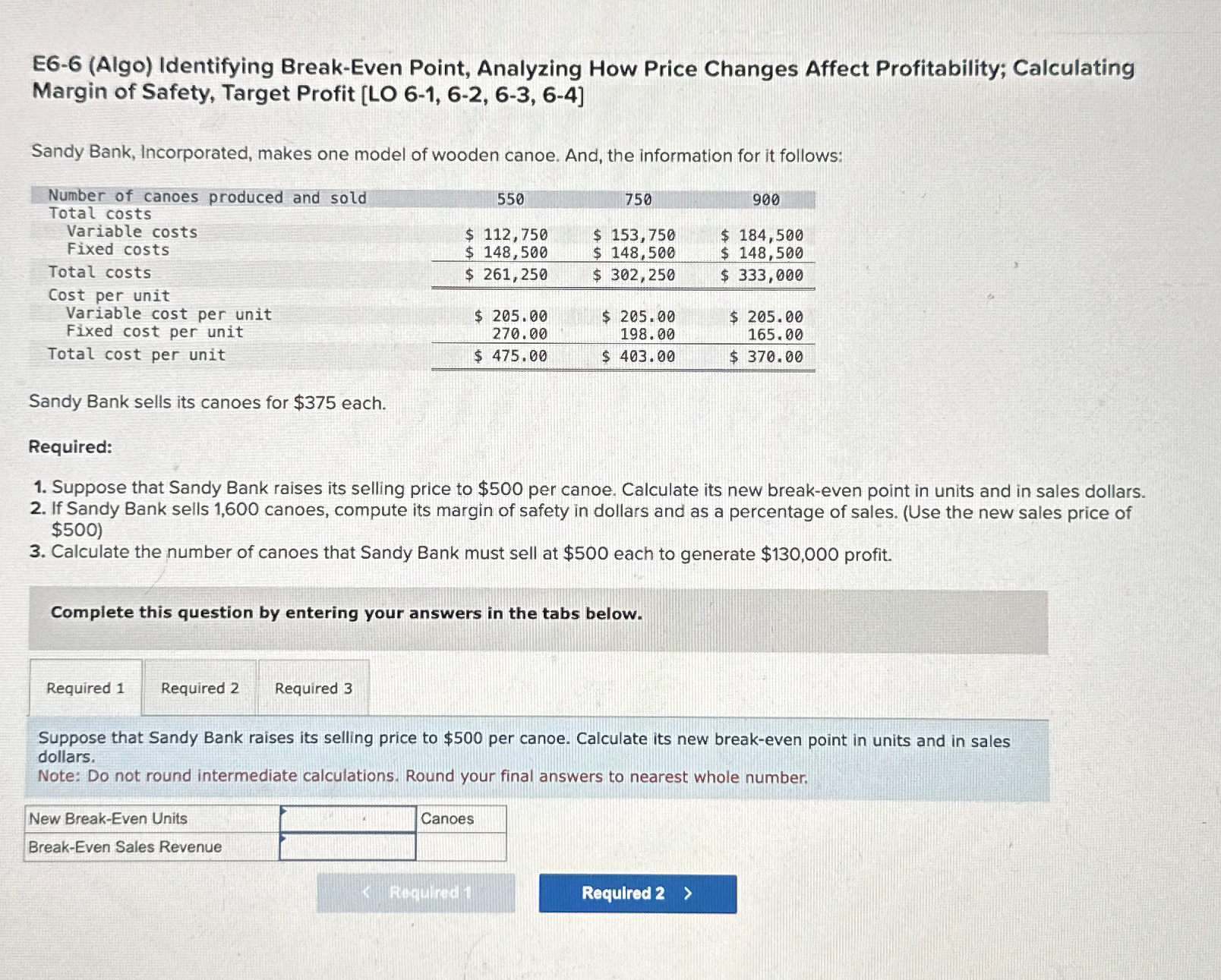  E6-6(Algo) Identifying Break-Even Point, Analyzing How Price Changes Affect Profitability; Calculating