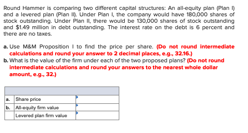 Round Hammer is comparing two different capital structures: An all-equity plan
