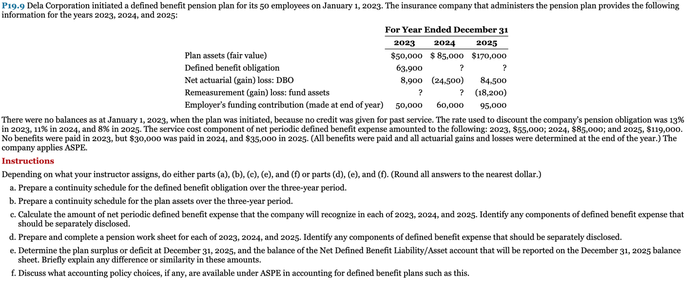  Help out this ques plz: P19.9 Dela Corporation initiated a defined