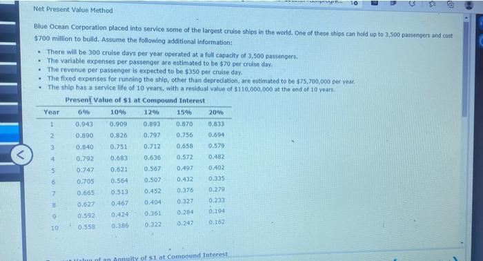  Wy 10 Net Present Value Method Blue Ocean Corporation placed into