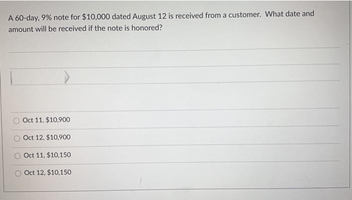  A 60-day, 9% note for $10,000 dated August 12 is received