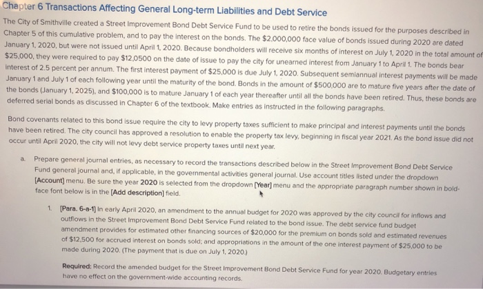  Chapter 6 Transactions Affecting General Long-term Liabilities and Debt Service The