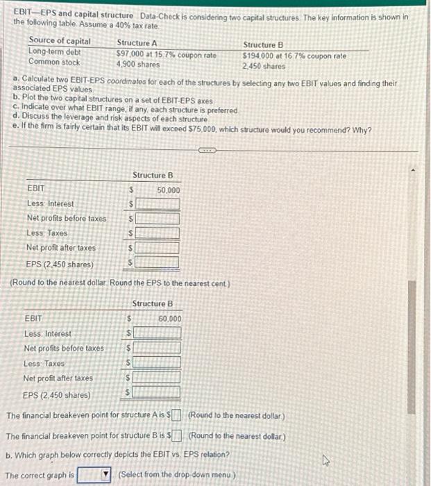  Answer Please. EBIT-EPS and capital structure Data-Check is considering two capital