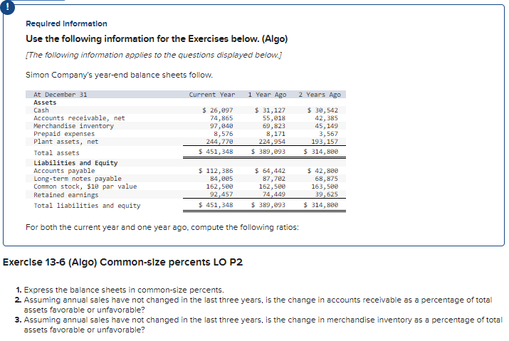  Requlred Information Use the following information for the Exercises below. (Algo)