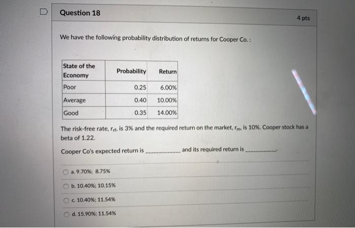  Question 18 4 pts We have the following probability distribution of