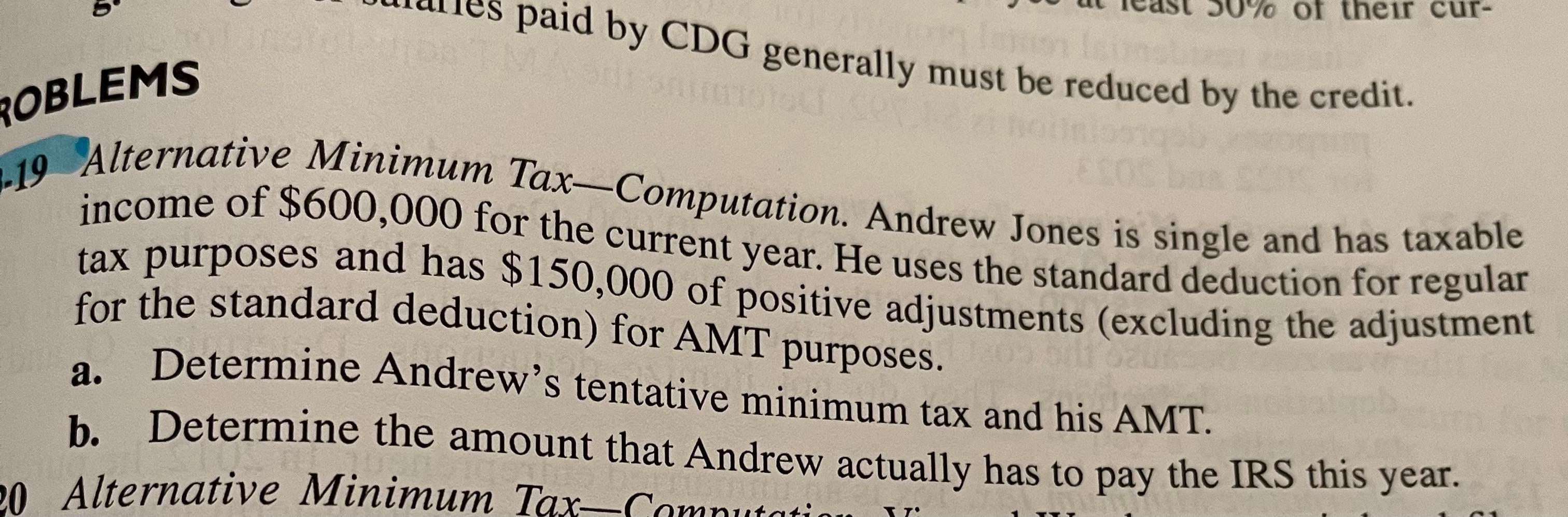 OBLEMS 19 Alternative Minimum Tax-Computation. Andrew Jones is single and has