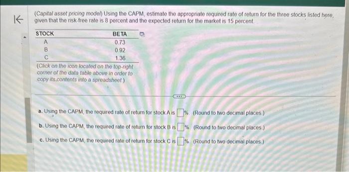  (Capital asset pricing model) Using the CAPM, estimate the appropriate required