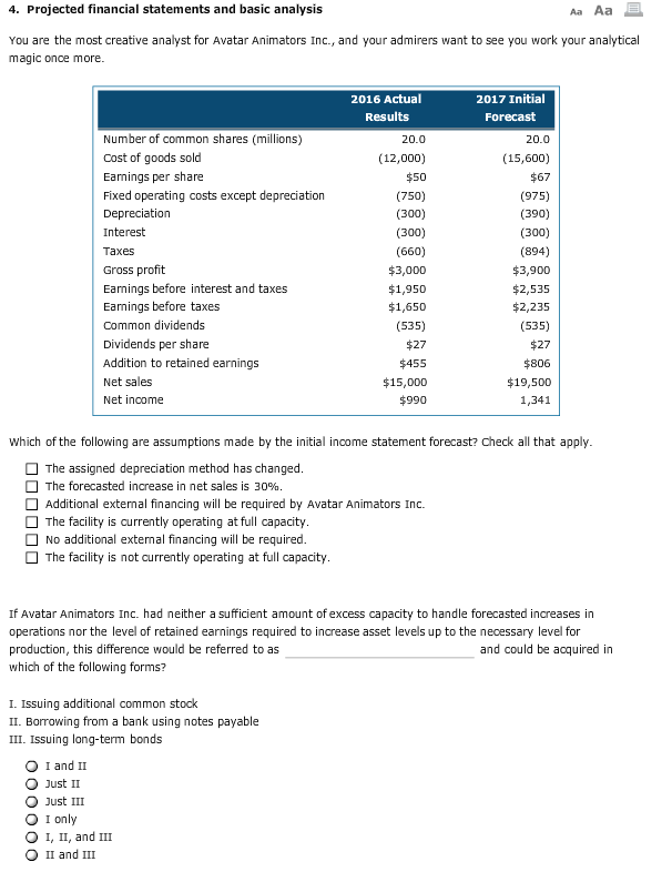 4. Projected financial statements and basic analysis Aa Aa You are