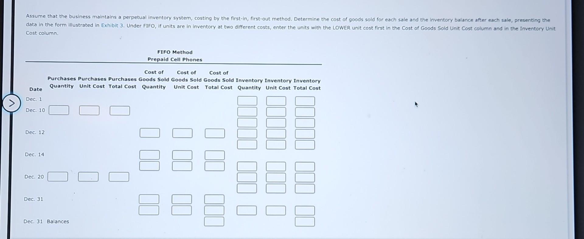 sales data for prepaid cell phones for December are as follows: Inventory