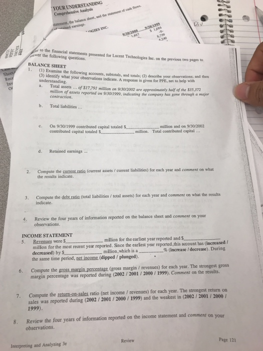 cash flows. LUCENT TECHNOLOGIES INC. Balance Sheet Cash and cash oquivalents S