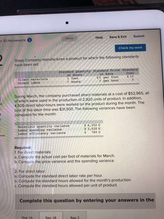  For direct materials, compute the price variance and spending variance. er