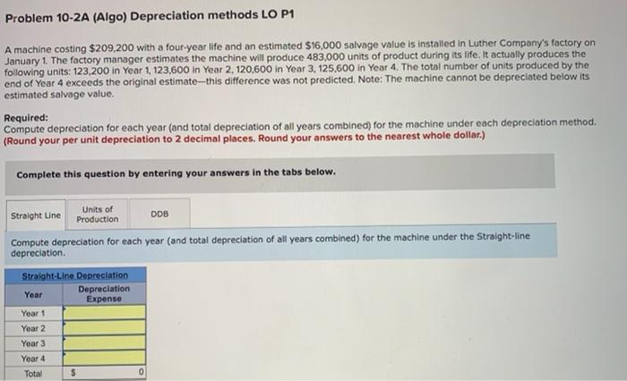  Problem 10-2A (Algo) Depreciation methods LO P1 A machine costing $209,200