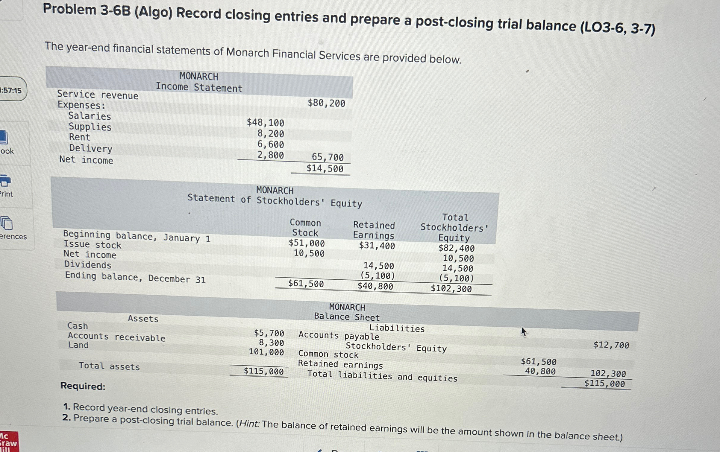  Problem 3-6B (Algo) Record closing entries and prepare a post-closing trial