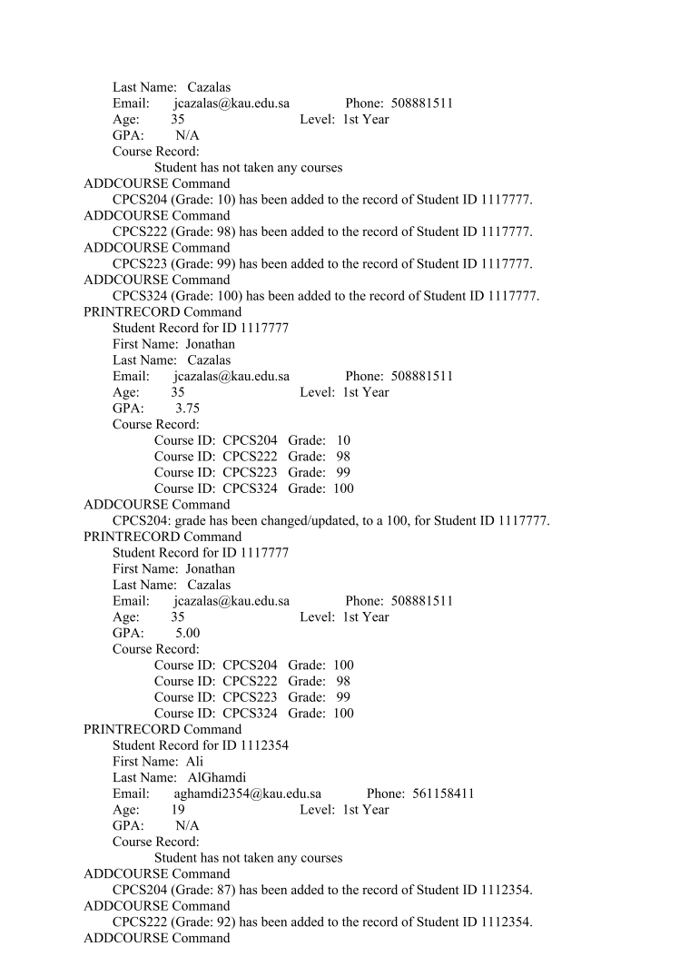 their basic personal information (ID, first name, last name, age, level/year, etc.).