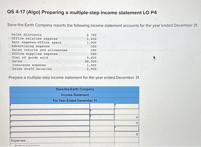  Please help me fill out this income statement. QS 4-17 (Algo)