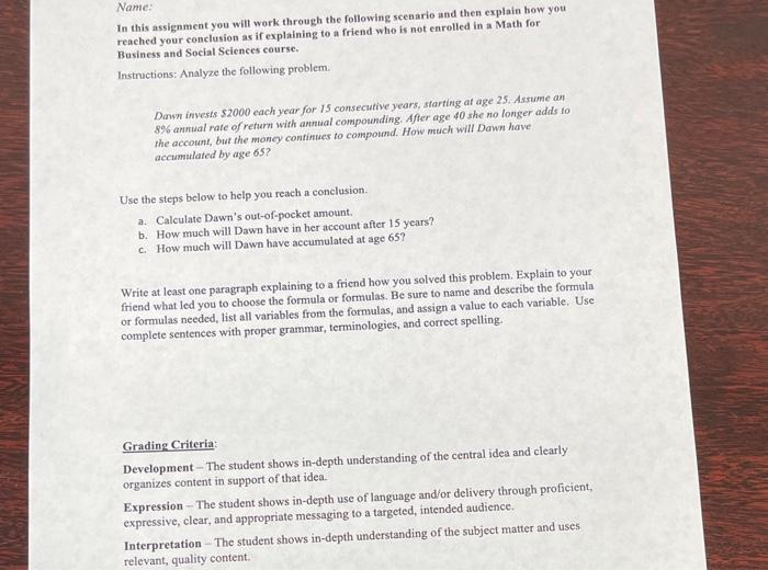  Name: In this assignment you will work through the following scenario