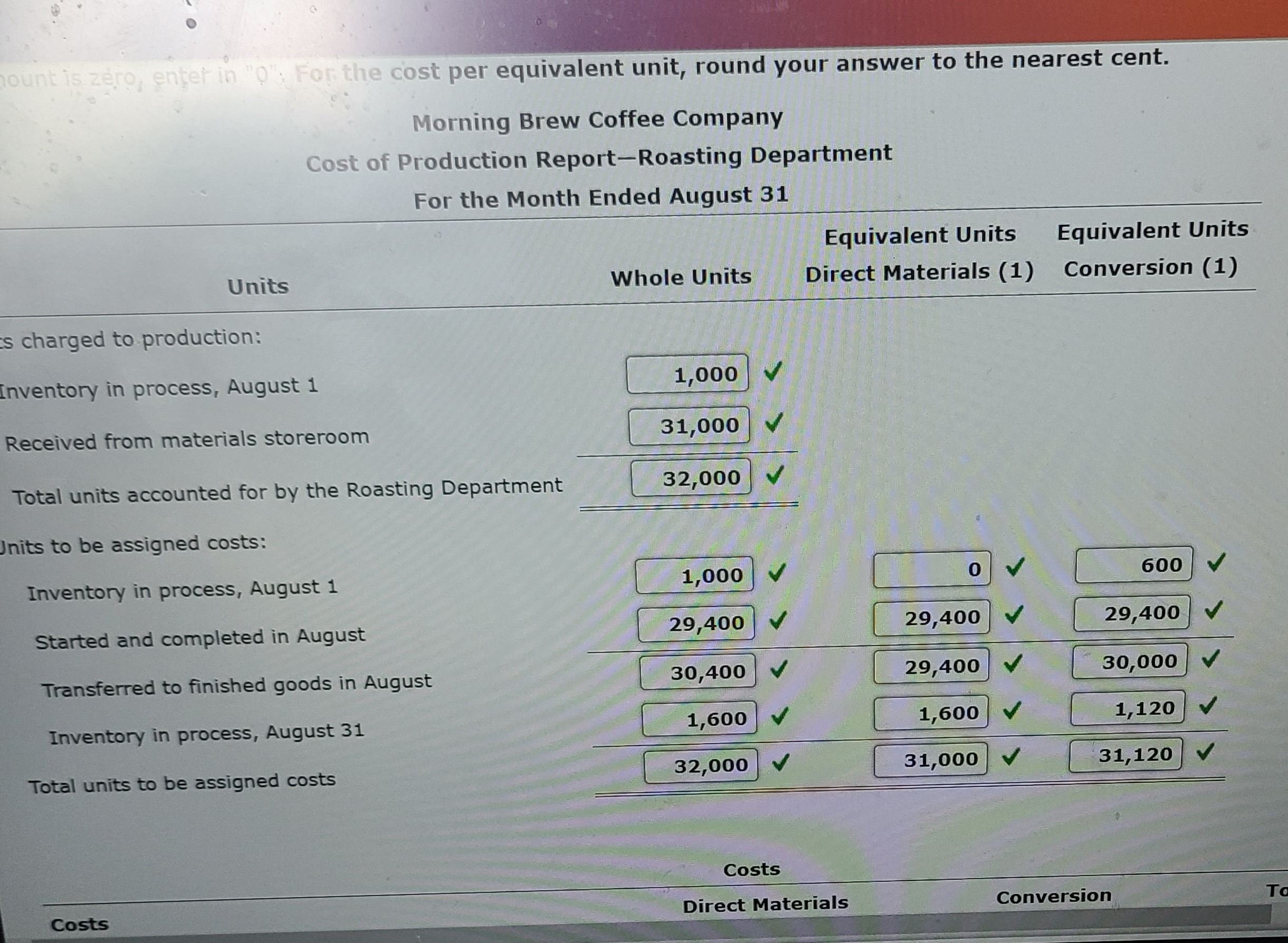 equivalent unit for direct materials and conversion from the previous month (July).