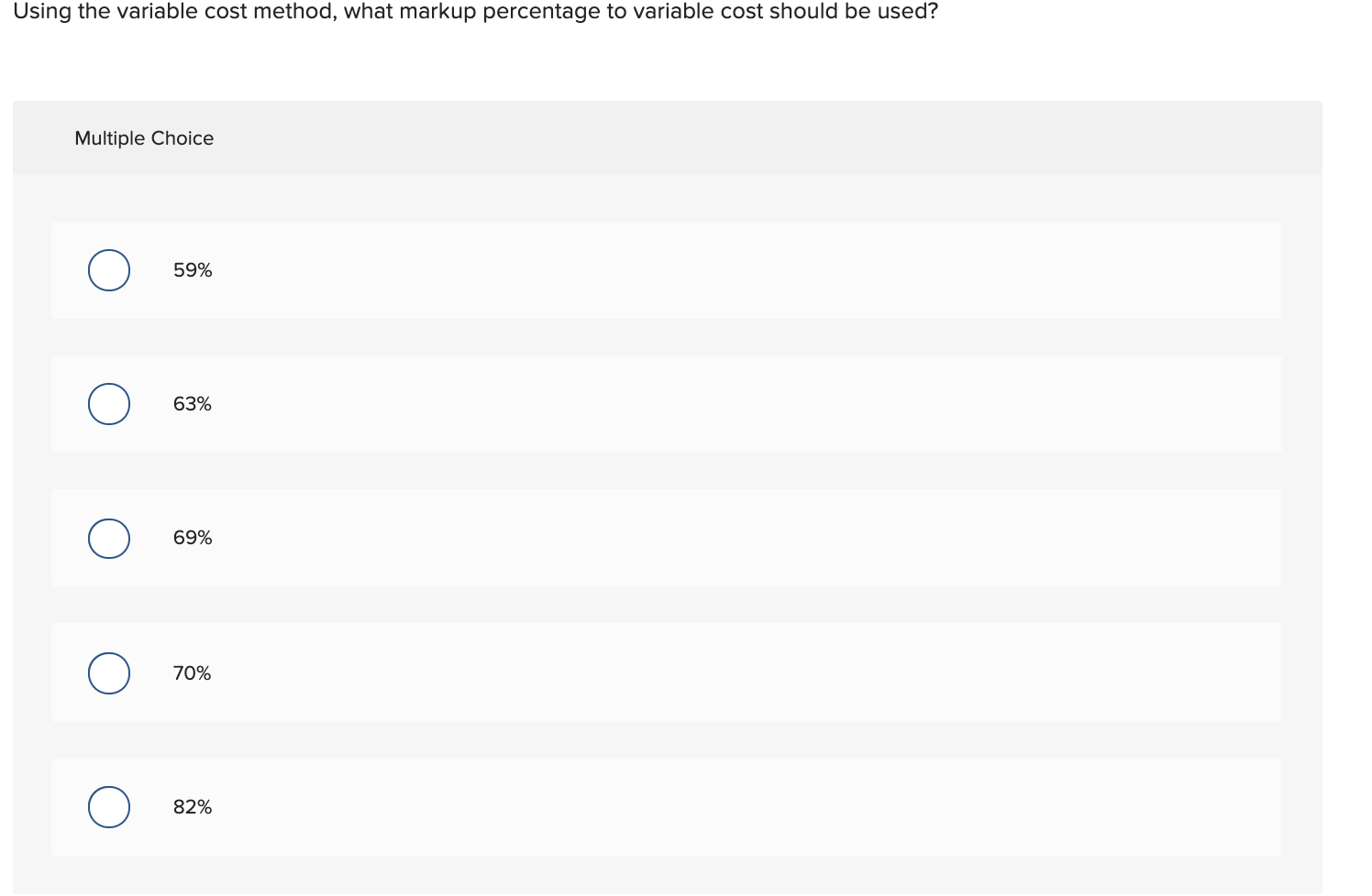  Using the variable cost method, what markup percentage to variable cost