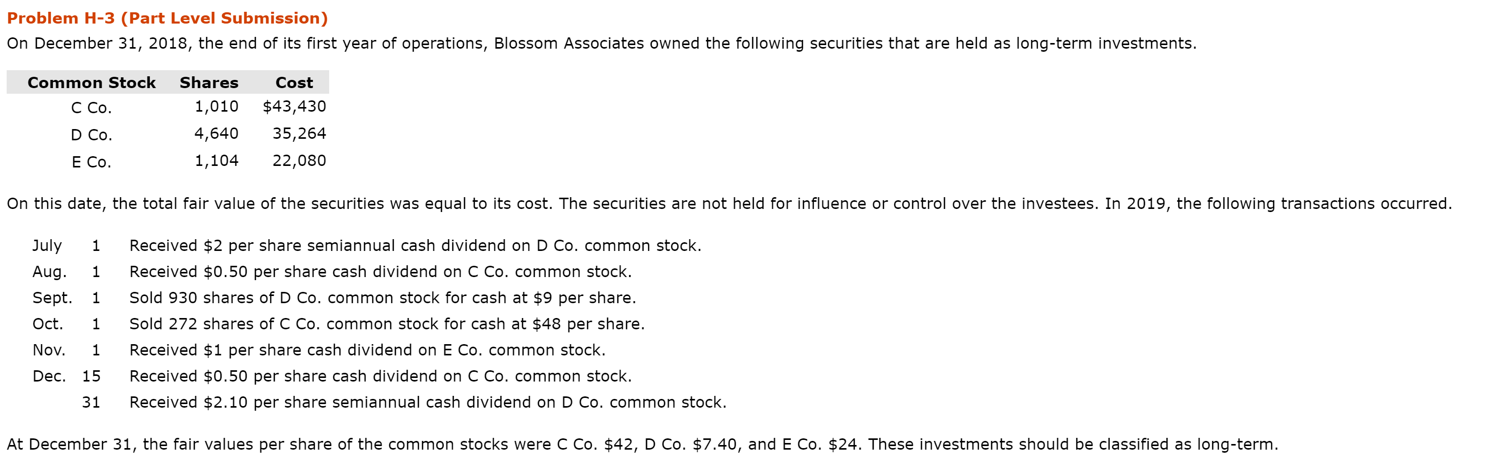 Problem H-3 (Part Level Submission) On December 31, 2018, the end of