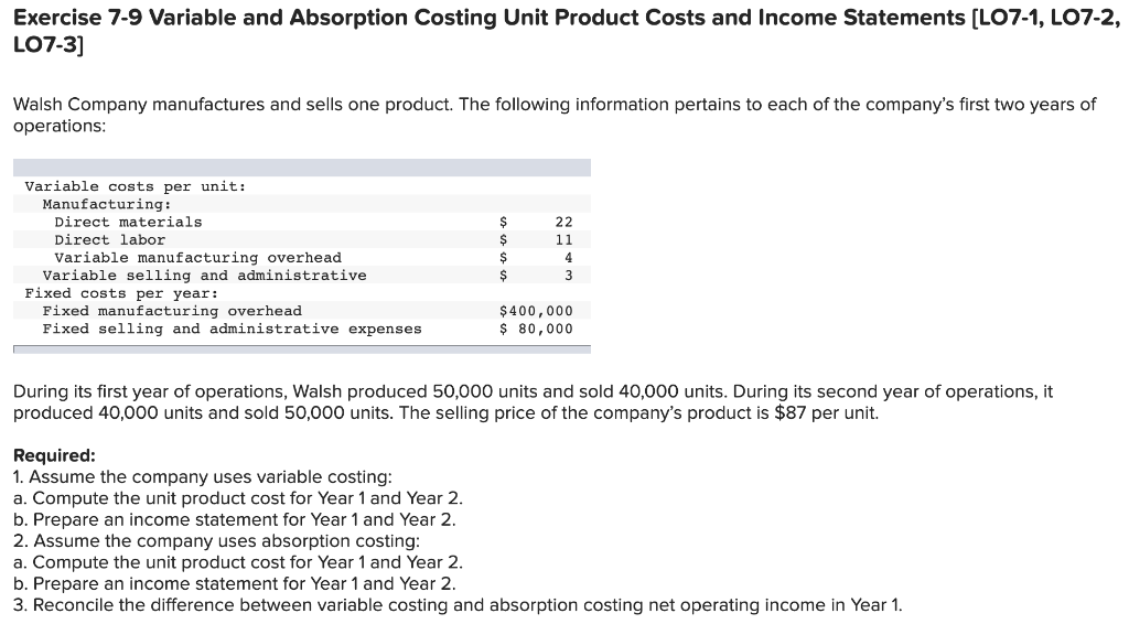 Exercise 7-9 Variable and Absorption Costing Unit Product Costs and Income