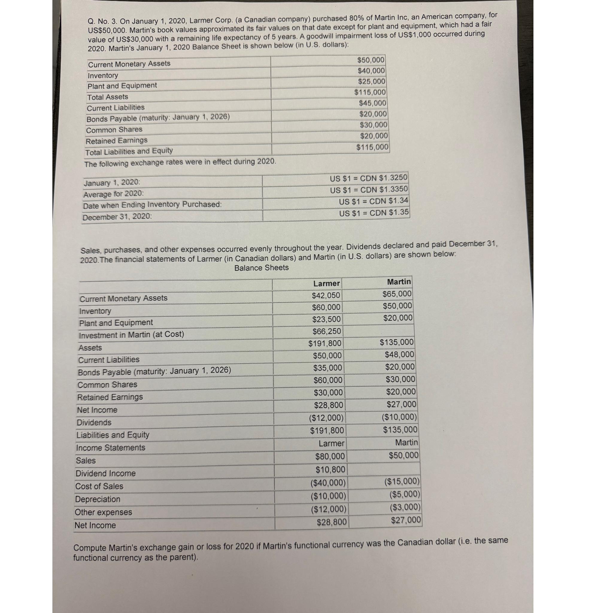  Q. No.3. On January 1,2020, Larmer Corp. (a Canadian company) purchased