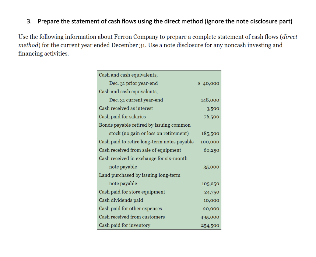  3. Prepare the statement of cash flows using the direct method