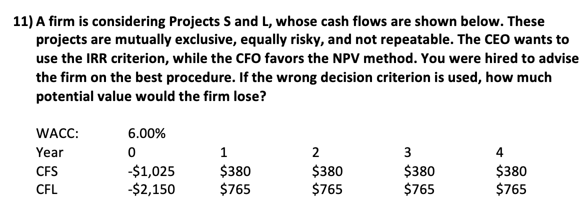  11) A firm is considering Projects S and L, whose cash