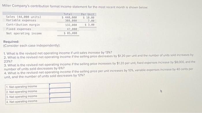  Miller Company's contribution format income statement for the most recent month