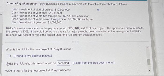  Comparing all methods. Risky Business is looking at a project with