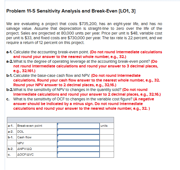 Problem 11-5 Sensitivity Analysis and Break-Even (LO1, 3] We are evaluating