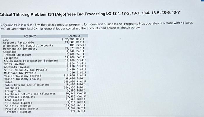  ritical Thinking Problem 13.1 (Algo) Year-End Processing LO 13-1, 13-2, 13-3,