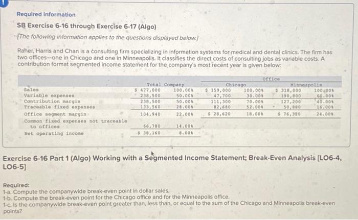  Required information SB Exercise 6-16 through Exercise 6-17 (Algo) (The following