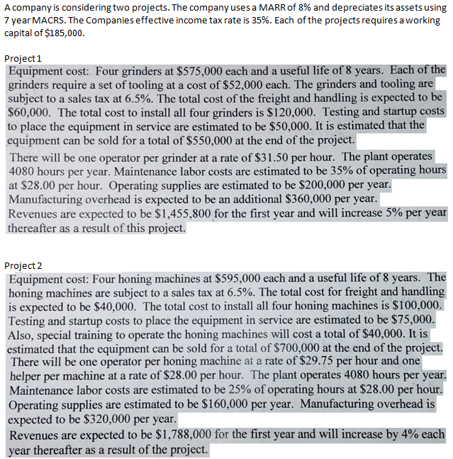 Make an income statement and cash flow statement for each project to