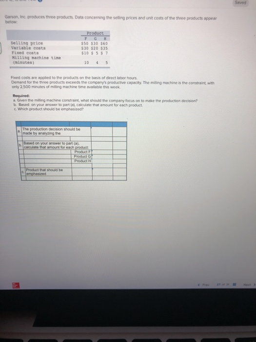  Will thumbs up! Saved Garson, Inc produces three products Data concerning