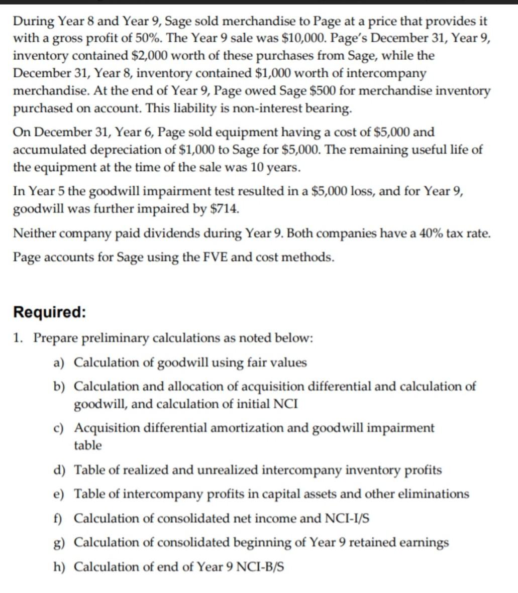 1, Year 2, Page Company acquired 70% of the outstanding common shares