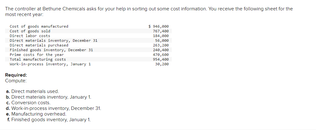 The controller at Bethune Chemicals asks for your help in sorting