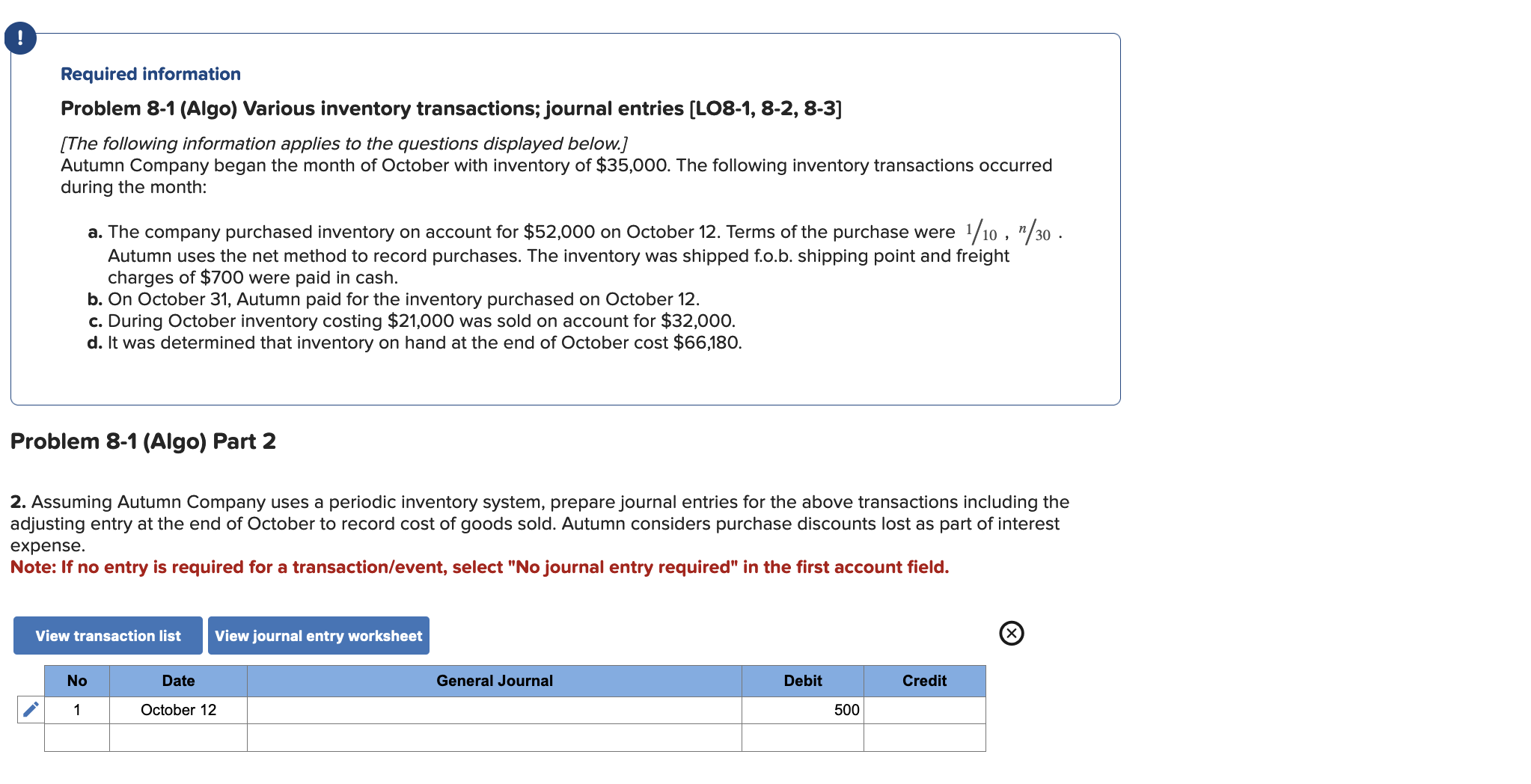 Required information Problem 8-1 (Algo) Various inventory transactions; journal entries [LO8-1,